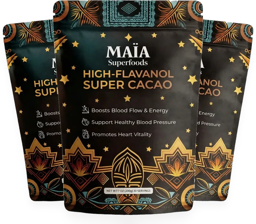 Three authentic MAÏA Superfoods cacao bags standing side-by-side, slightly overlapping with transparent background